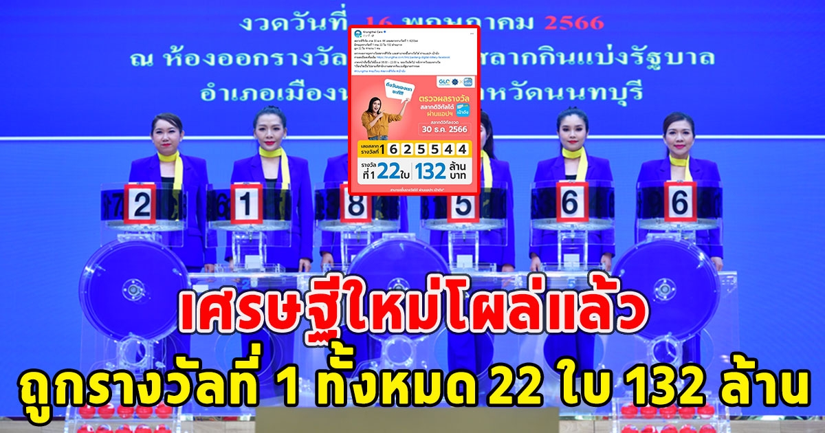 เศรษฐีใหม่โผล่แล้ว ถูกรางวัลที่ 1 ทั้งหมด 22 ใบ 132 ล้าน