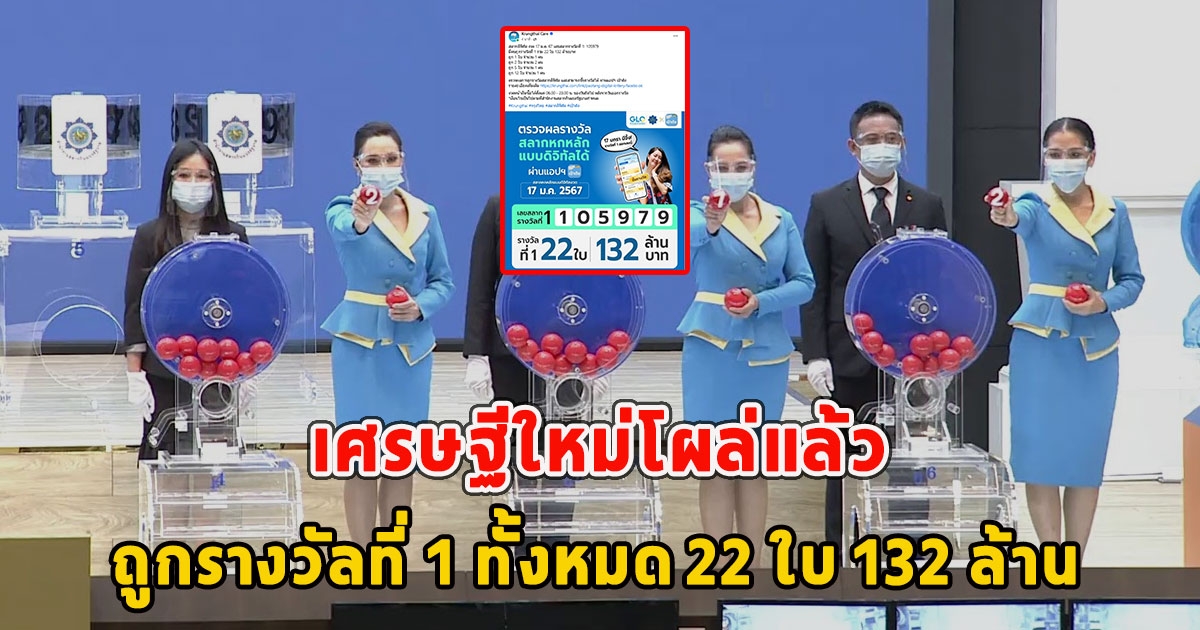 เศรษฐีใหม่โผล่แล้ว ถูกรางวัลที่ 1 ทั้งหมด 22 ใบ 132 ล้าน งวด 17 ม.ค. 67