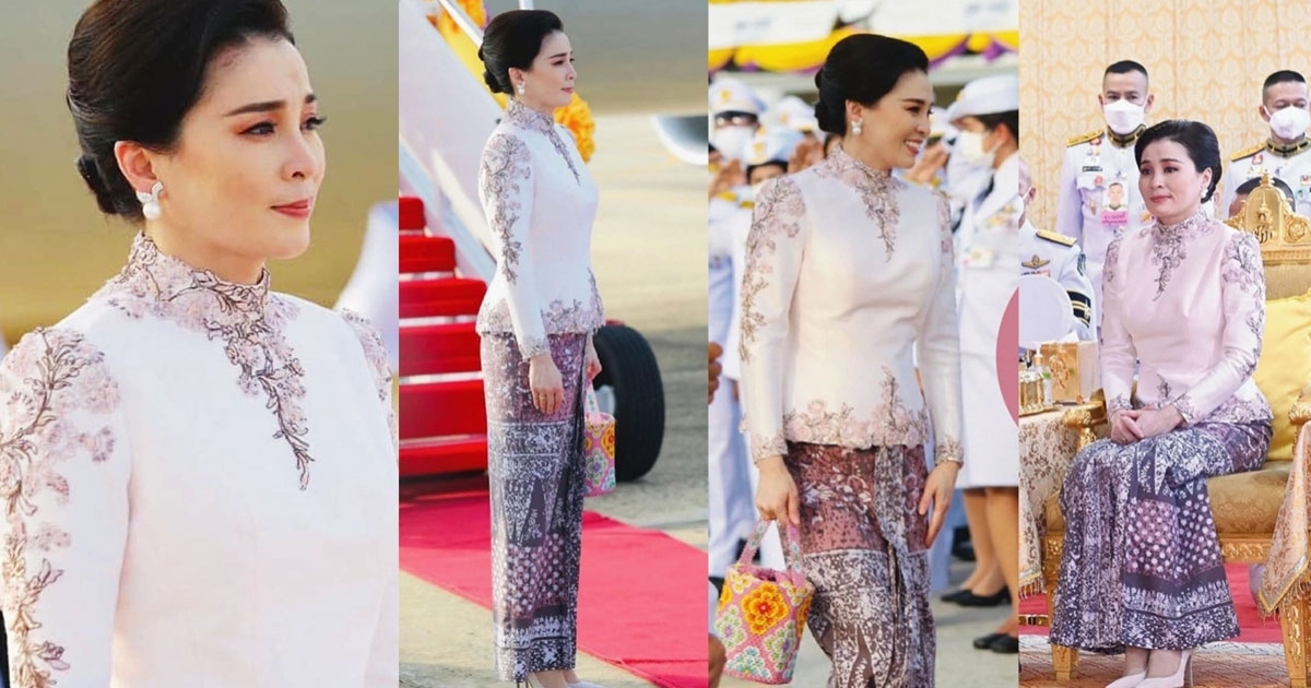 สง่างาม พระราชินีทรงฉลองพระองค์ผ้าไหม พระภูษาพิมพ์ลายโบราณเมืองชัยบุรี