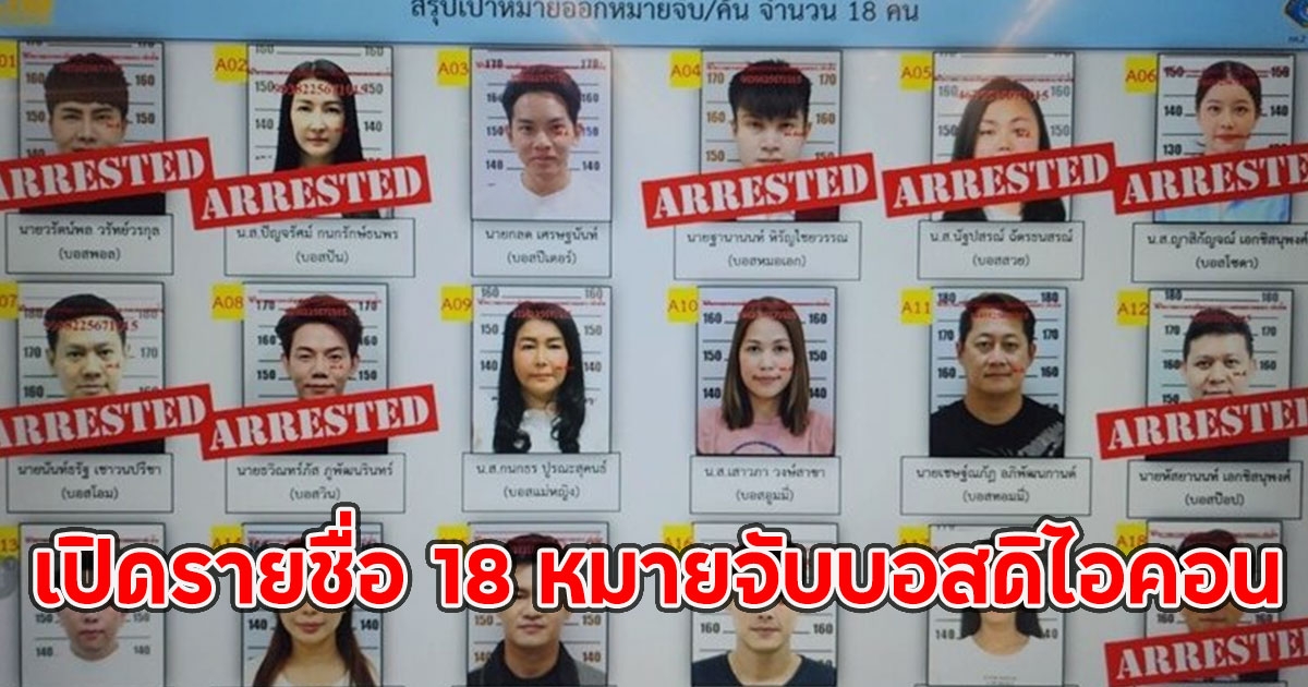 เปิดรายชื่อ 18 หมายจับบอสดิไอคอน รวบแล้ว 12 คน บอสดารา แซม-มิน โดนแล้ว